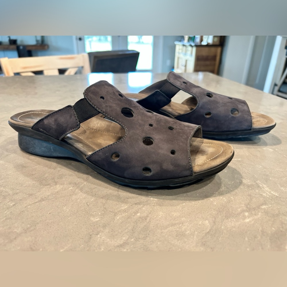 Mephisto Sandals Womens 42 Slide Slip On Leather Wedge Elastic Strap Casual